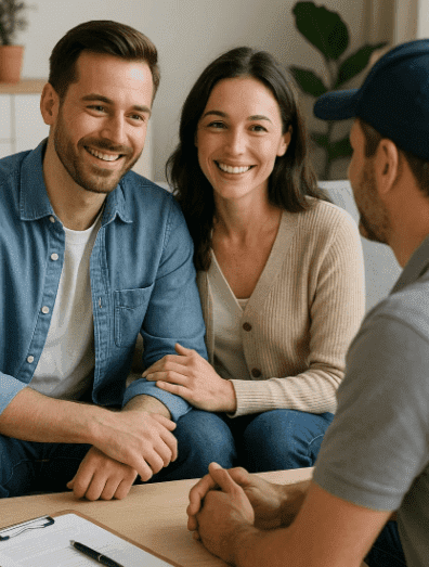Family in the home 1 Happy couple reviewing paperwork to join The Premier Program and replace their HVAC system with no large upfront cost