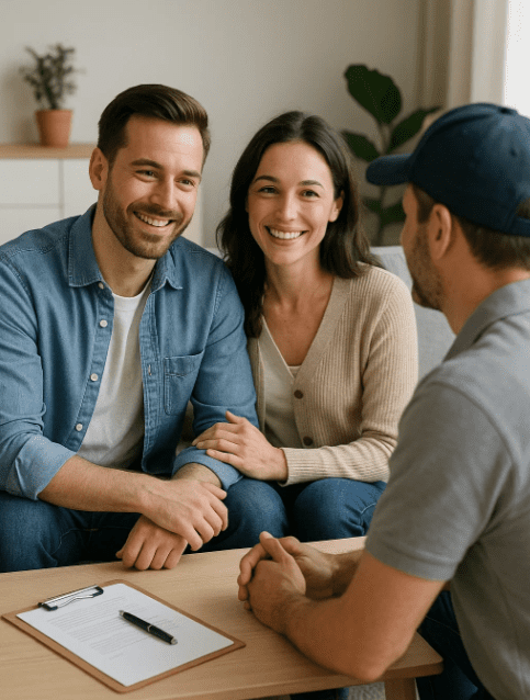 Happy couple reviewing paperwork to join The Premier Program and replace their HVAC system with no large upfront cost
